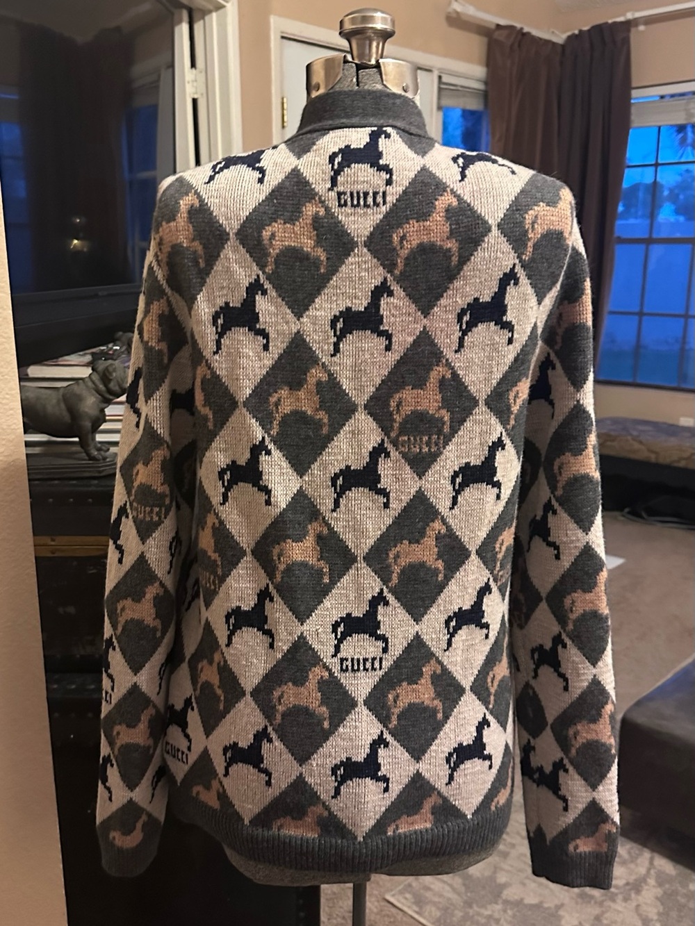 Men's Gray & Beige Argyle Cardigan Sweater - Picture 2 of 4